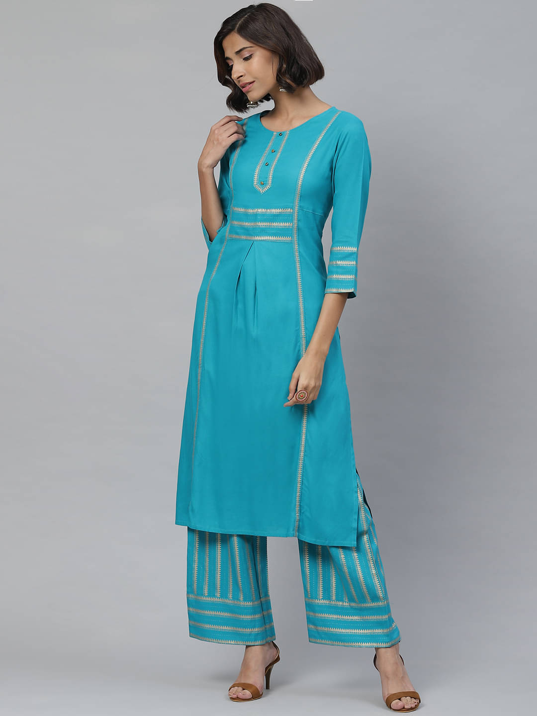     			Yash Gallery Rayon Kurti With Palazzo Women's Stitched Salwar Suit - Blue ( )