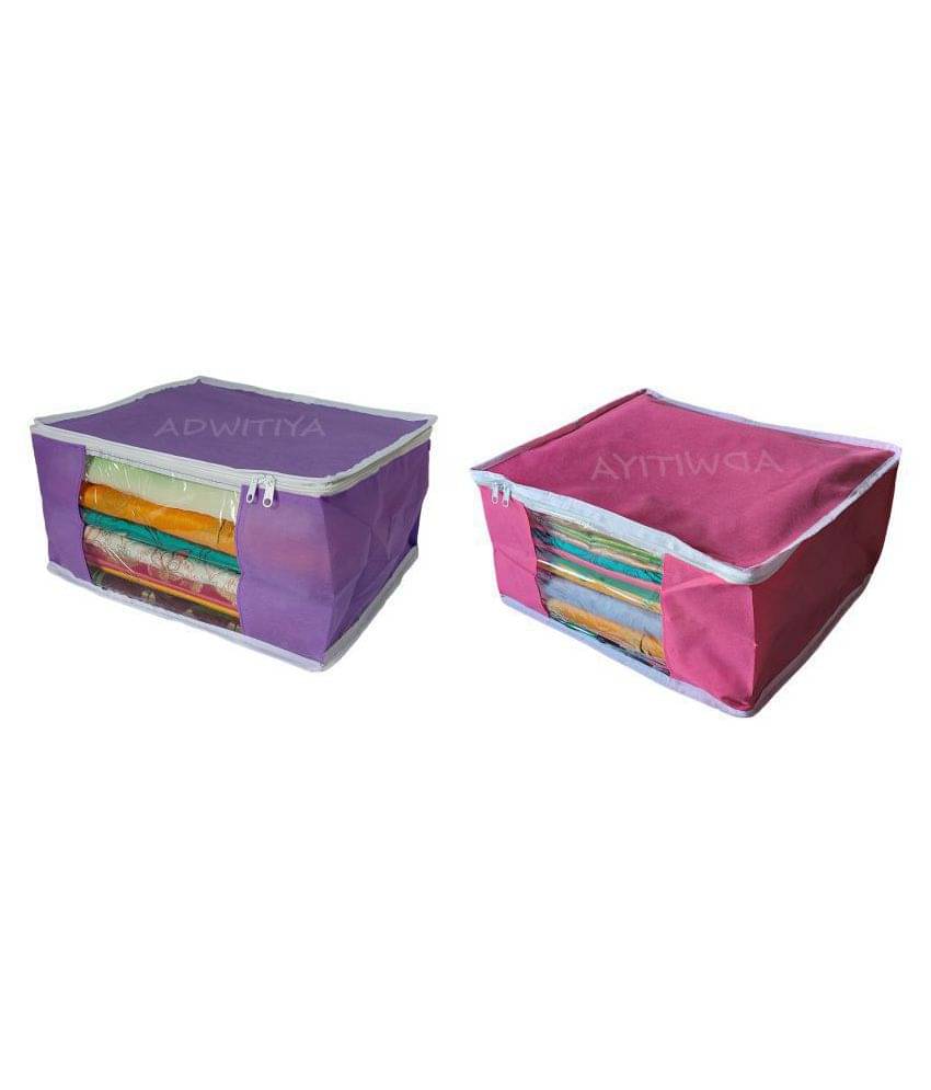     			ADWITIYA - Set of 2 - Plain White Border Large Nonwoven Saree Salwar Suit Shirt Jeans Bedsheet Garment Cloth Organizer Cover Case - Purple & Pink