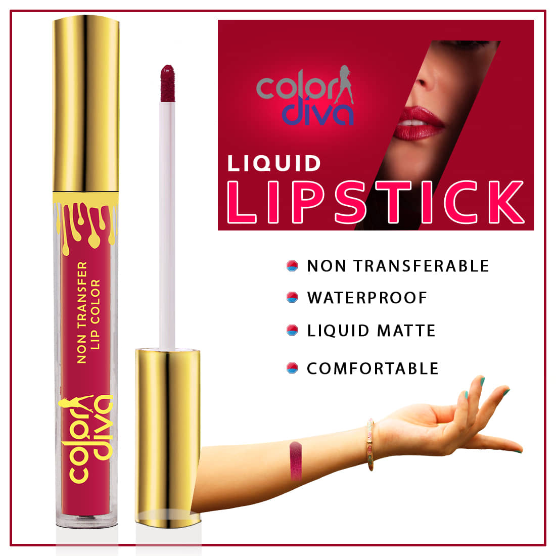 COLOR DIVA Non Transfer Matte Liquid Lipstick, Burgundy, 6ml