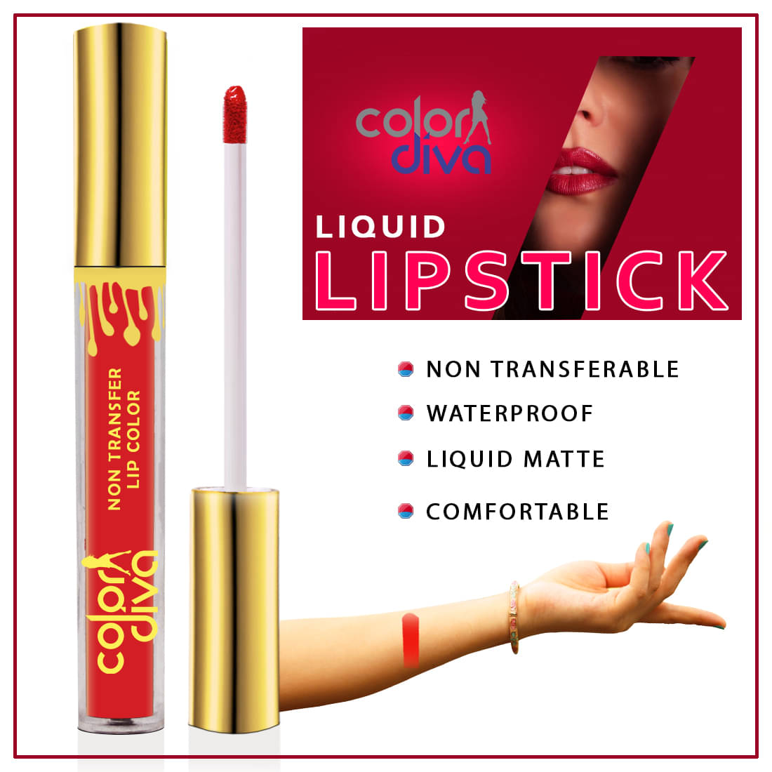 COLOR DIVA Non Transfer Matte Liquid Lipstick, Tomato Red, 6ml COLOR DIVA Non Transfer Matte Liquid Lipstick, Tomato Red, 6ml
