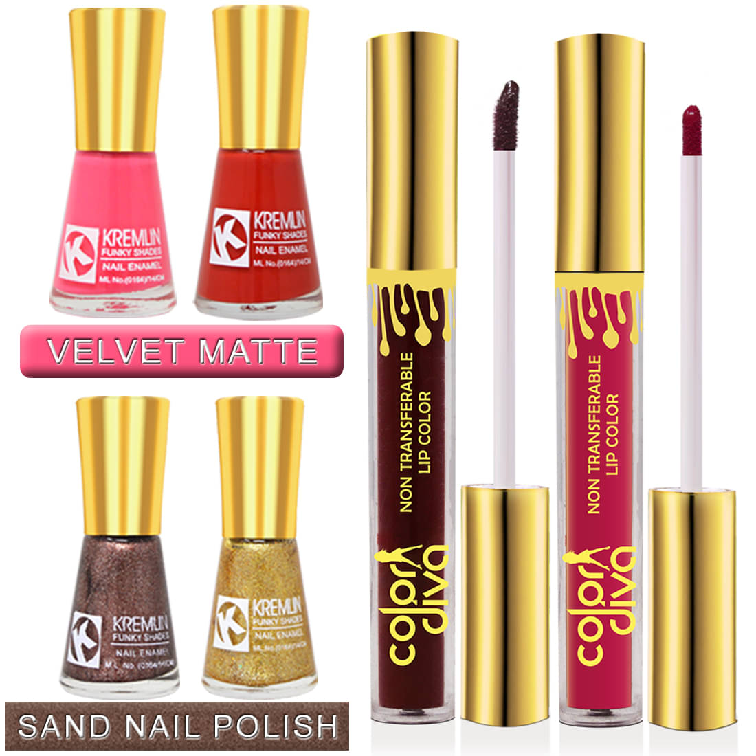 Adbeni Combo - Color Diva Liquid Lipstick With Kremlin Nail Polish, (GC1440) Makeup Kit Pack of 6 50 Adbeni Combo - Color Diva Liquid Lipstick With Kremlin Nail Polish, (GC1440) Makeup Kit Pack of 6 50