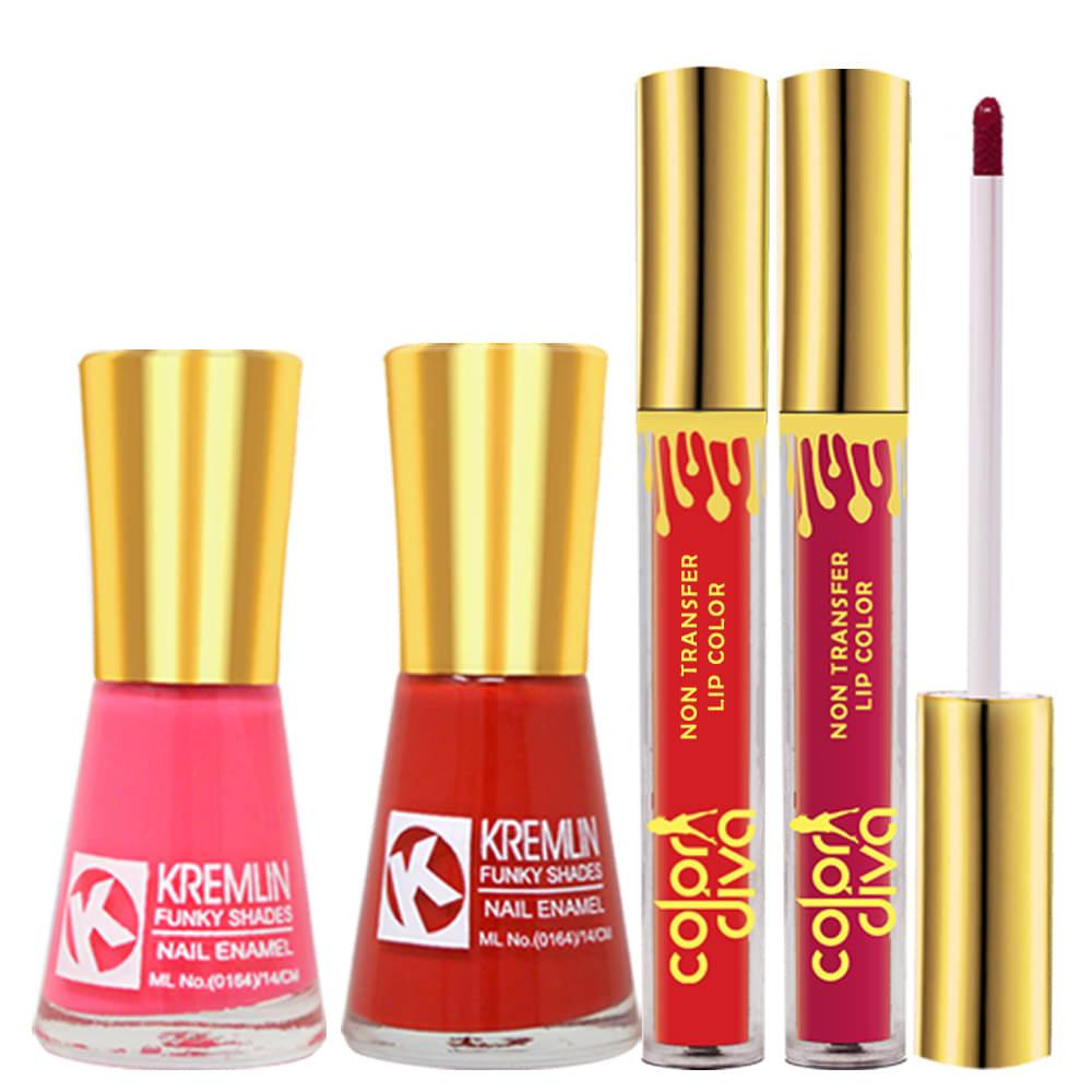 Adbeni Combo - Color Diva Liquid Lipsticks with Kremlin Nail Polsh, (GC1433) Makeup Kit Pack of 4 50 Adbeni Combo - Color Diva Liquid Lipsticks with Kremlin Nail Polsh, (GC1433) Makeup Kit Pack of 4 50