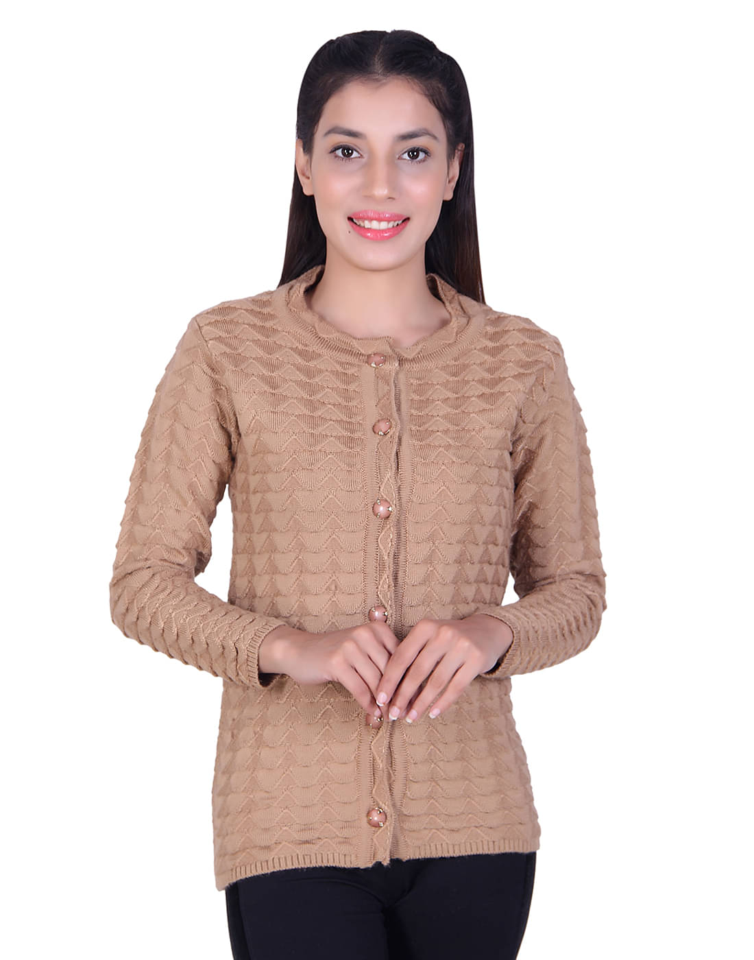     			Ogarti Women Acrylic Round Neck Cardigan ( Beige )