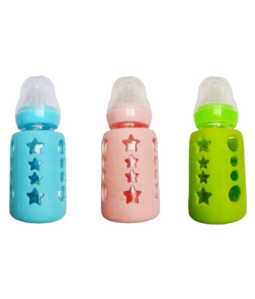 AURAPURO Baby Feeding Bottle with silicone cover Sleeve, Holder, Insulated Protection,120 ML Baby Bottle borosilicate glass (any 1 )