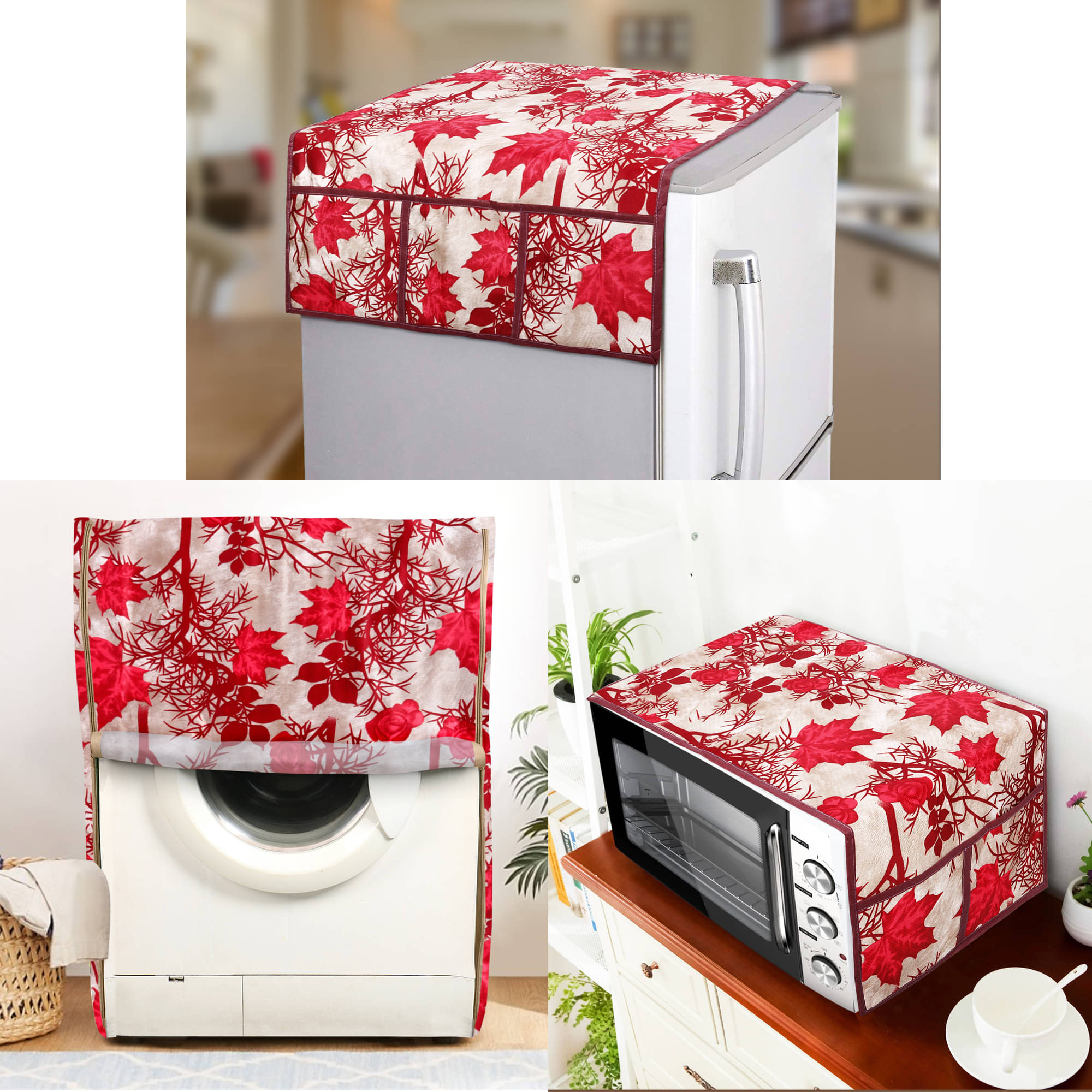     			E-Retailer Set of 3 Polyester Red Fridge Top Cover