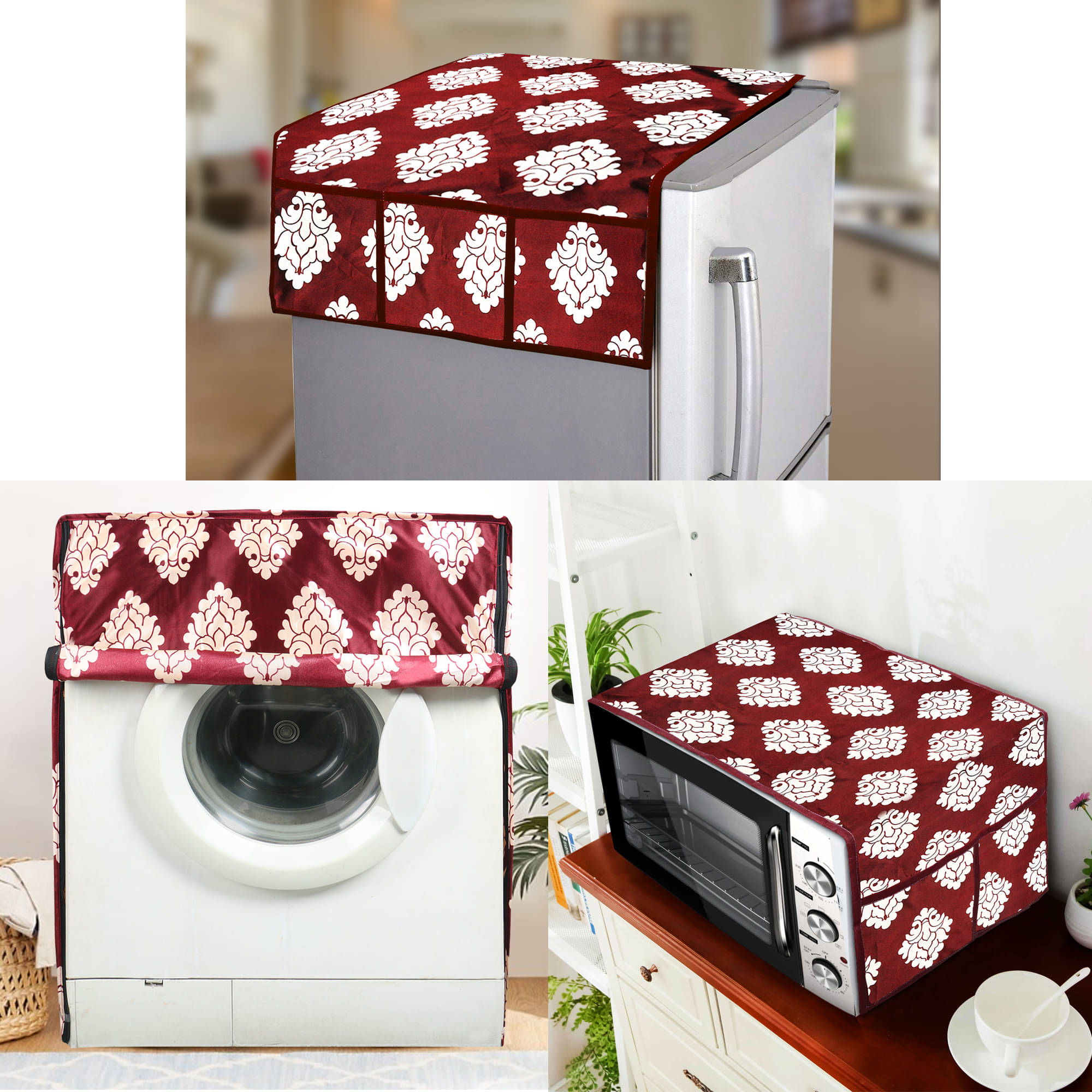     			E-Retailer Set of 3 Polyester Maroon Fridge Top Cover
