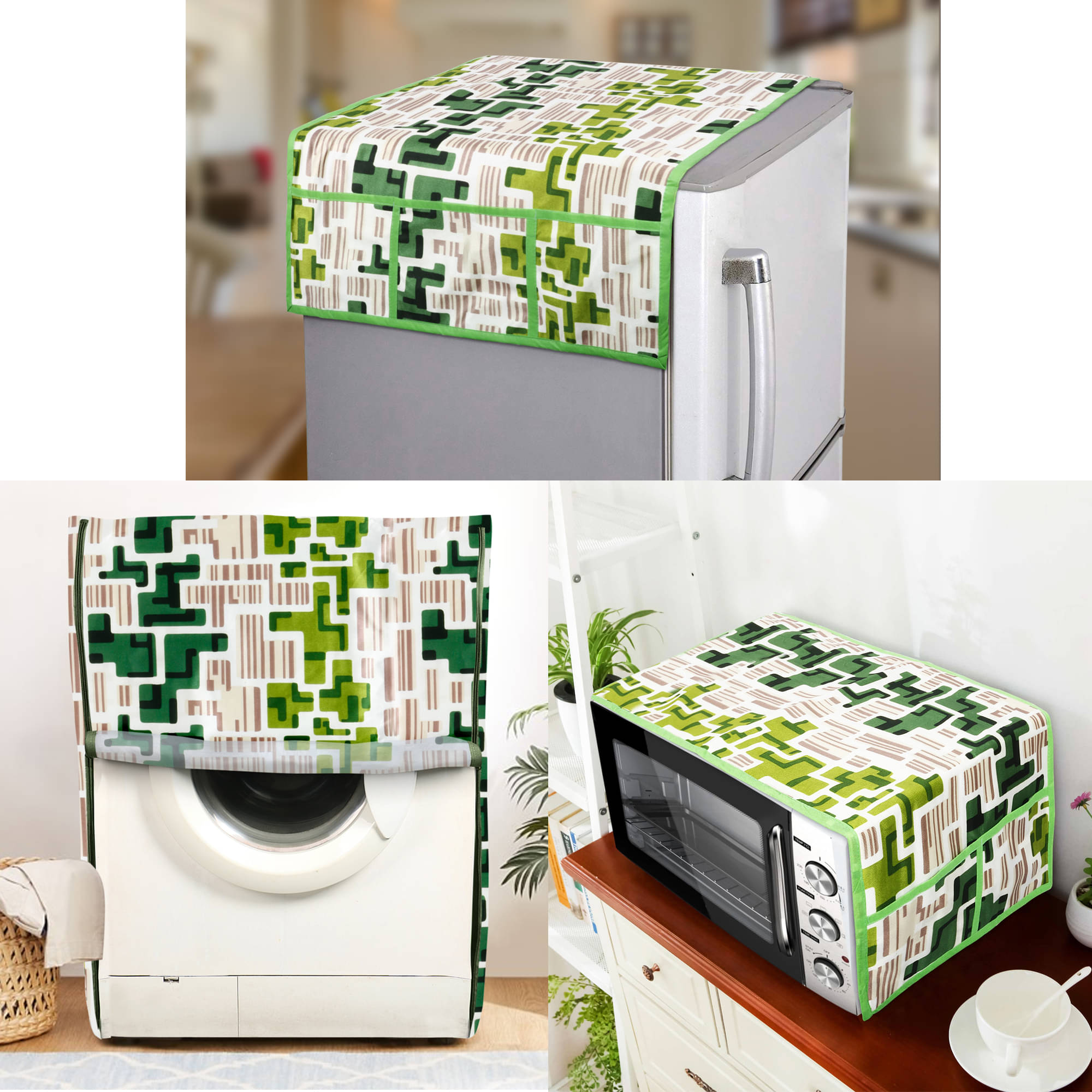 E-Retailer Set of 3 Polyester Green Fridge Top Cover E-Retailer Set of 3 Polyester Green Fridge Top Cover