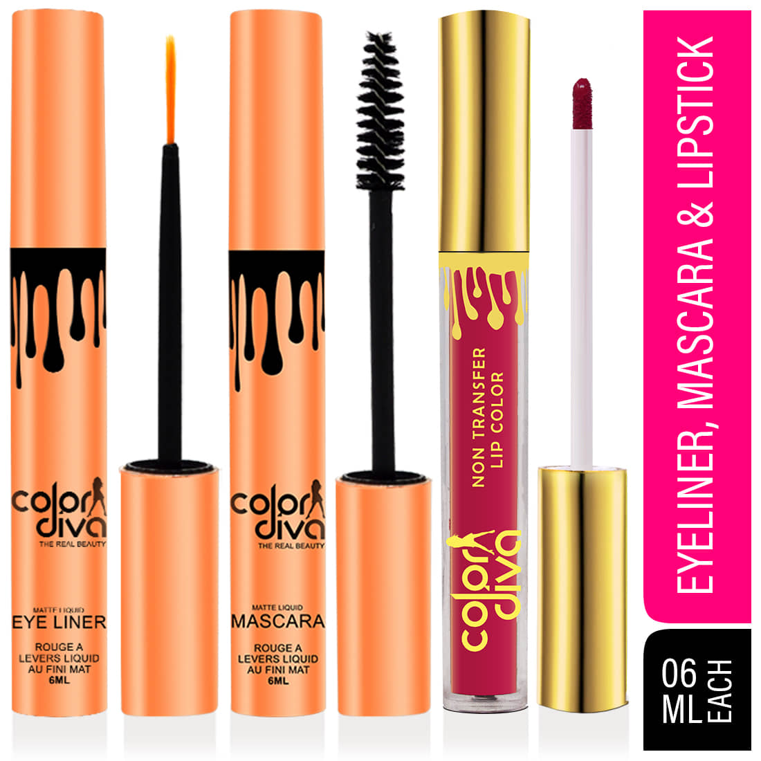 Color Diva Waterproof Eyeliner, Mascara & Liquid Lipstick Makeup Kit Pack of 3 18