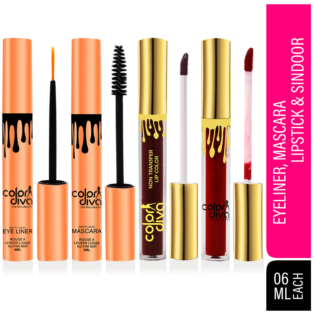 Color Diva Waterproof Eyeliner, Mascara, Sindoor & Liquid Lipstick Makeup Kit Pack of 4 24