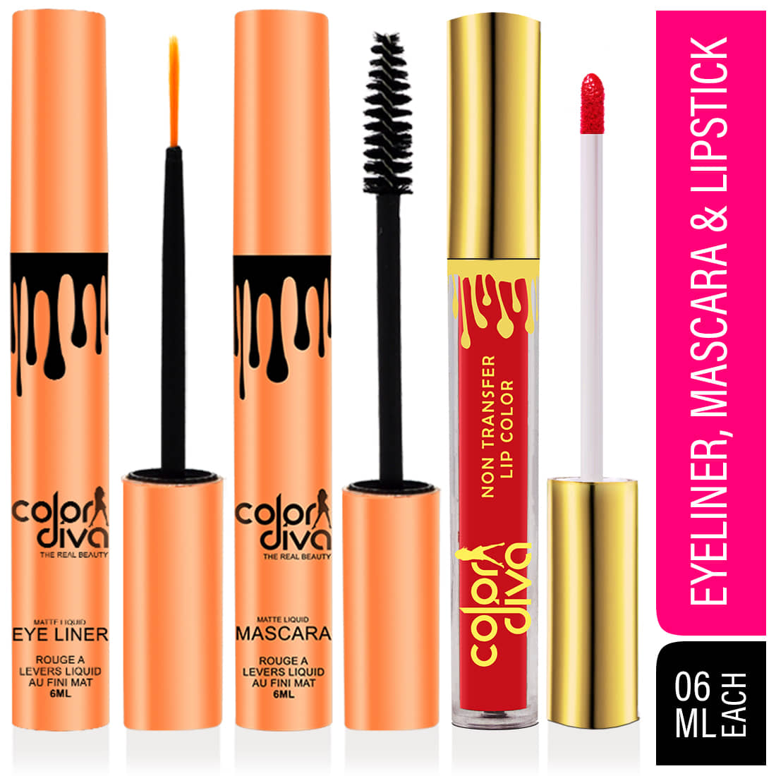 Color Diva Waterproof Eyeliner, Mascara & Liquid Lipstick Makeup Kit Pack of 3 18