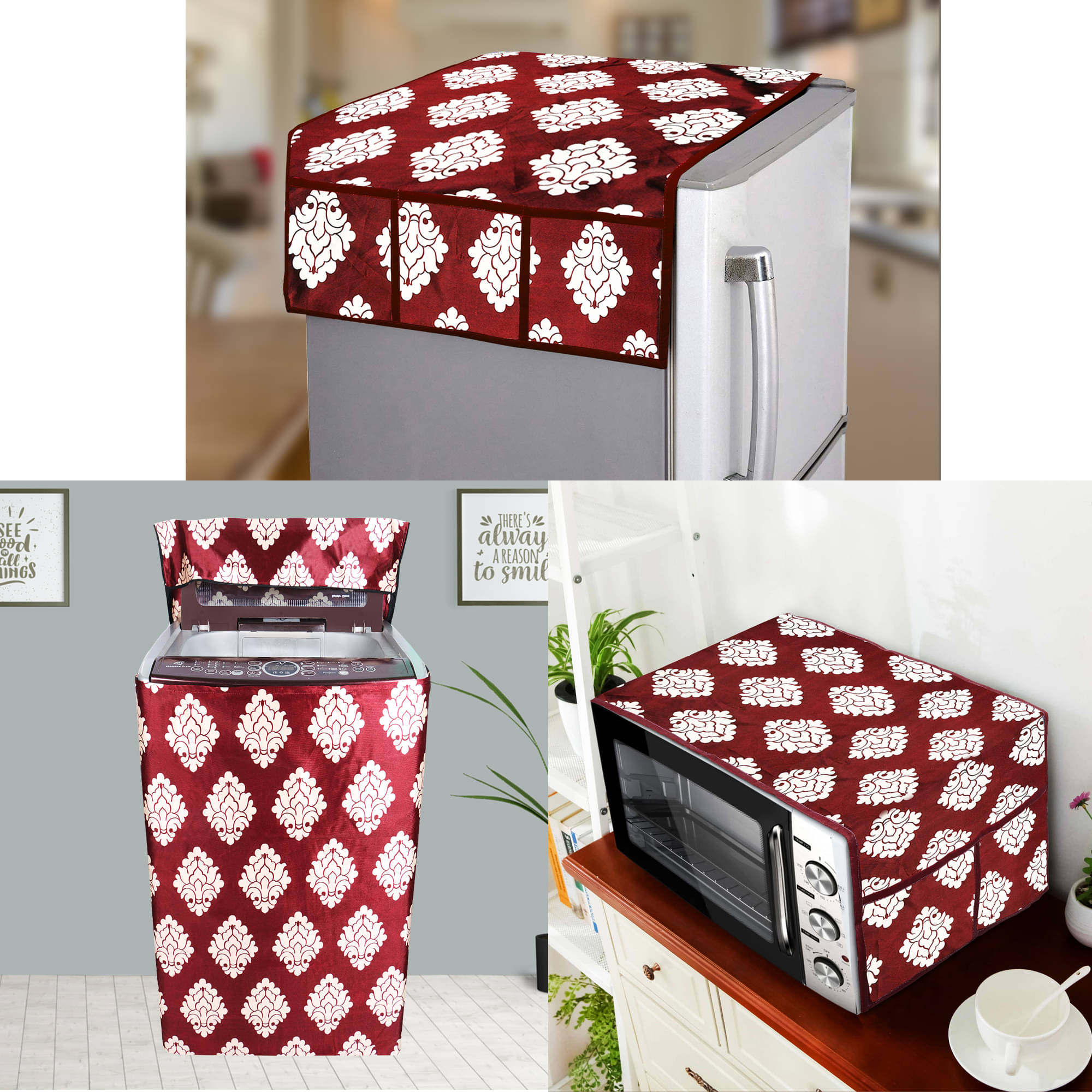 E-Retailer Set of 3 Polyester Maroon Fridge Top Cover E-Retailer Set of 3 Polyester Maroon Fridge Top Cover