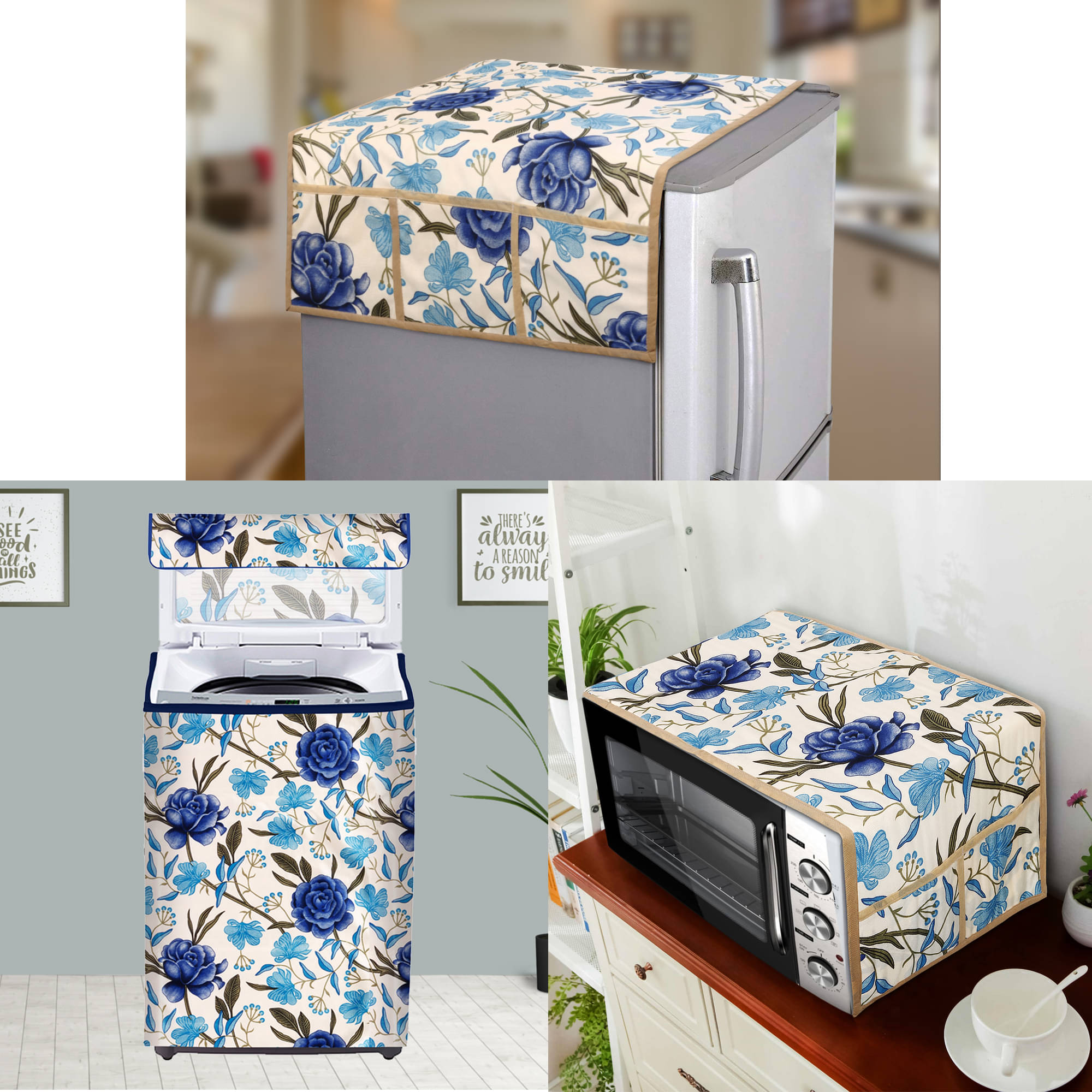 E-Retailer Set of 3 Polyester Blue Fridge Top Cover E-Retailer Set of 3 Polyester Blue Fridge Top Cover