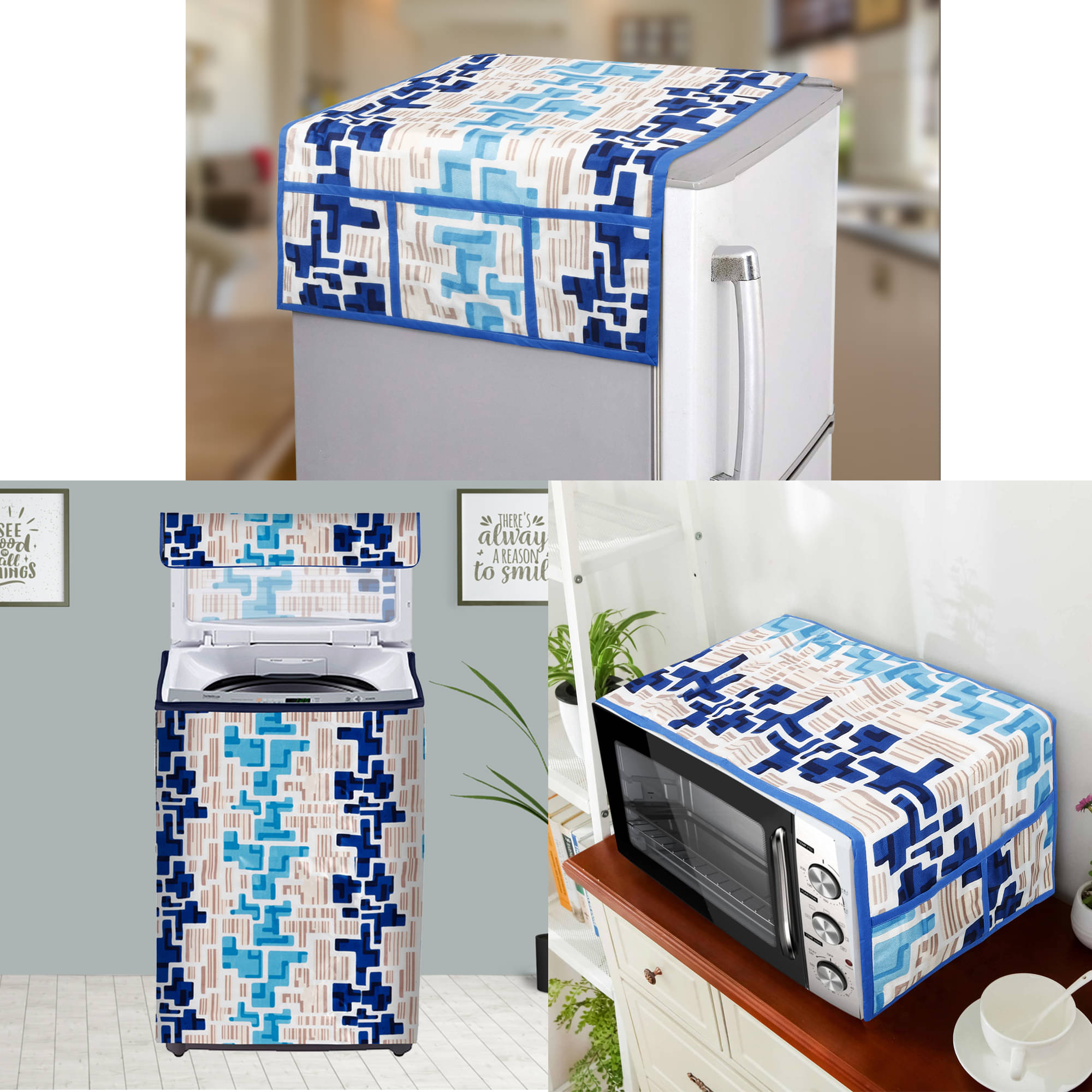 E-Retailer Set of 3 Polyester Blue Fridge Top Cover E-Retailer Set of 3 Polyester Blue Fridge Top Cover
