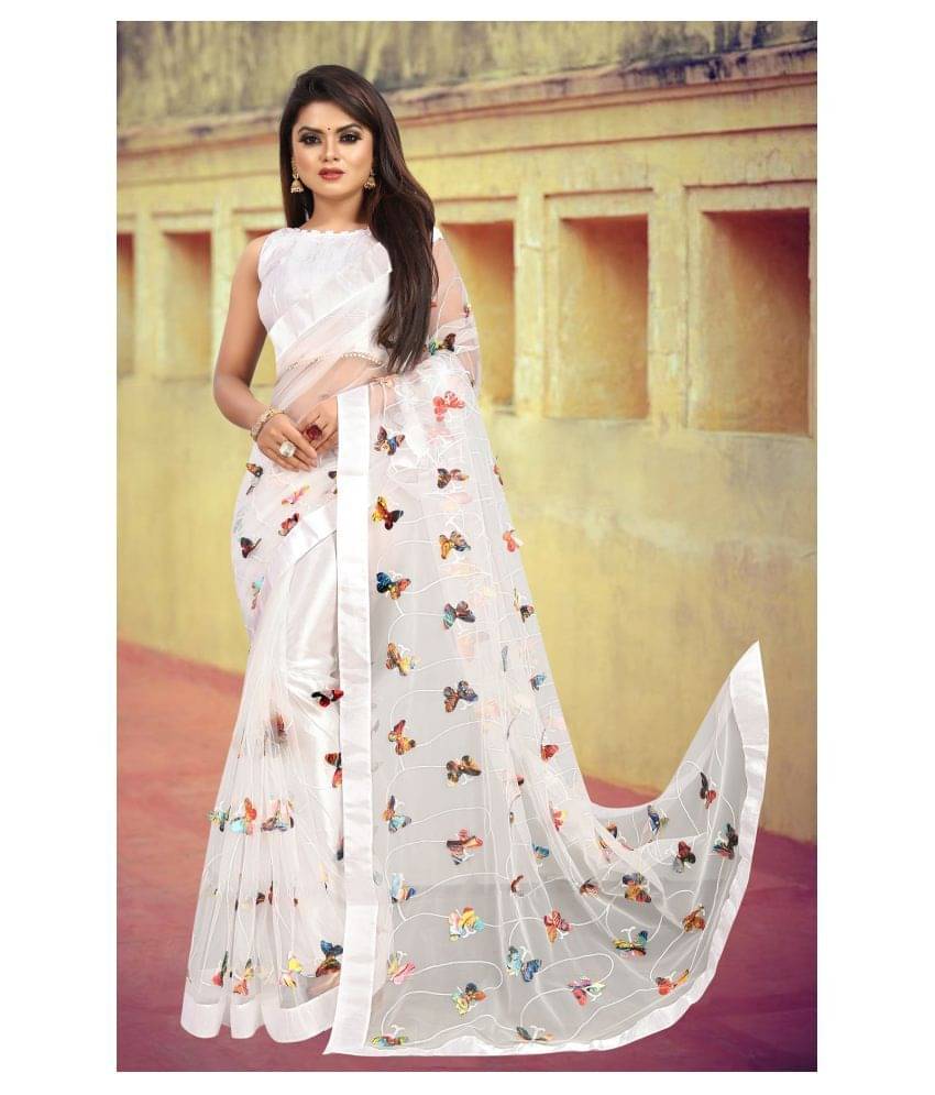Gazal Fashions Net Applique Saree With Unstitched Blouse Piece ( White ) Gazal Fashions Net Applique Saree With Unstitched Blouse Piece ( White )