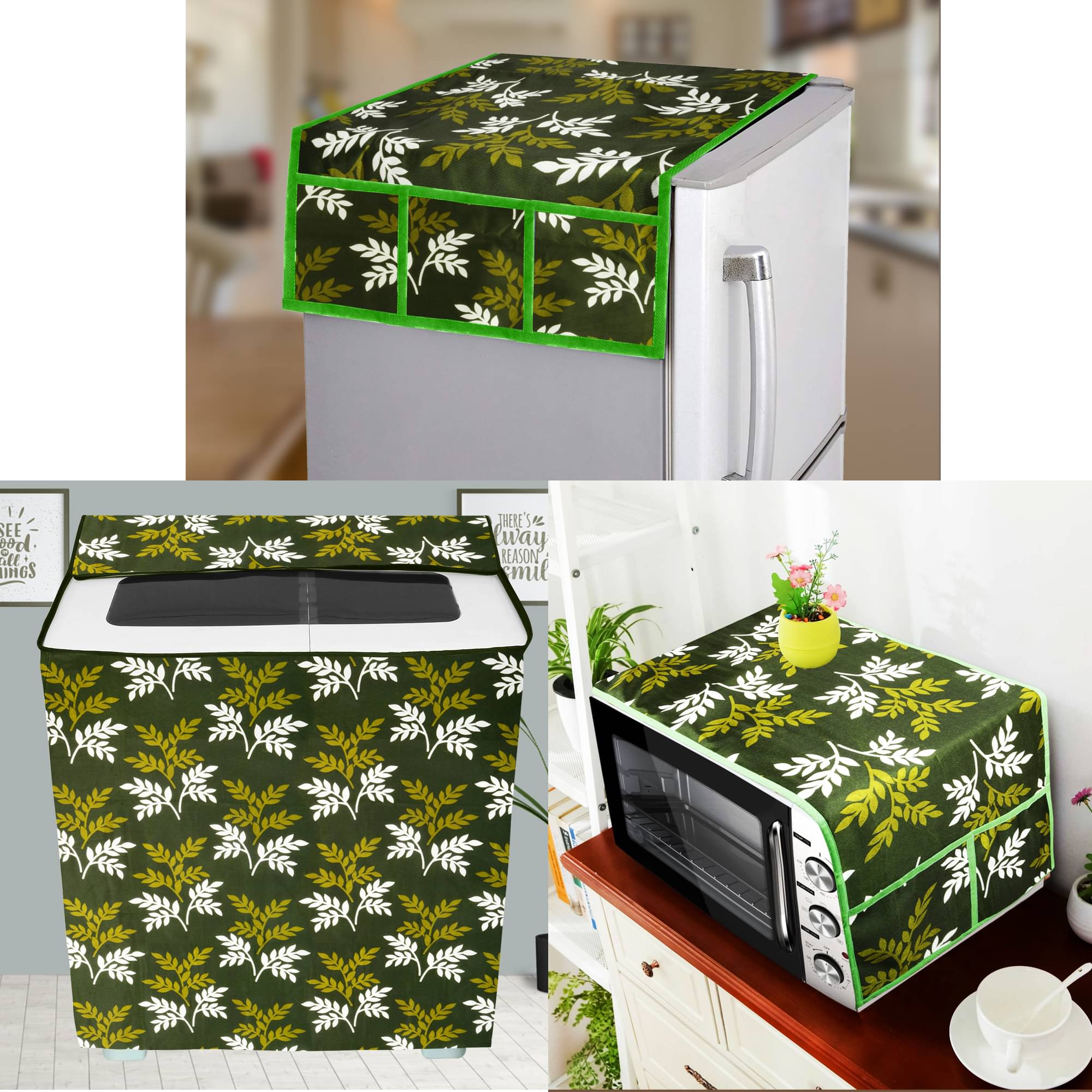 E-Retailer Set of 3 Polyester Green Fridge Top Cover E-Retailer Set of 3 Polyester Green Fridge Top Cover