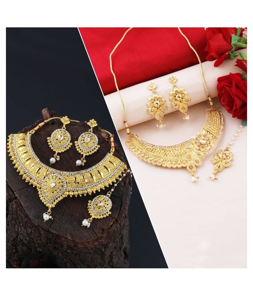     			Silver Shine Alloy Golden Choker Designer Gold Plated Necklaces Set