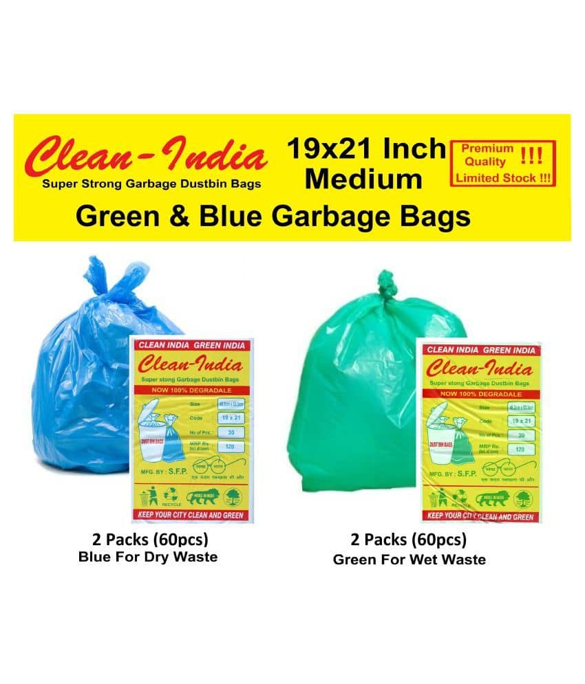 C-I - 4 Packs Medium Disposable Garbage Bags for Wet and Dry Waste (60 Pcs Blue and 60 pcs Green) -2 Packs Each