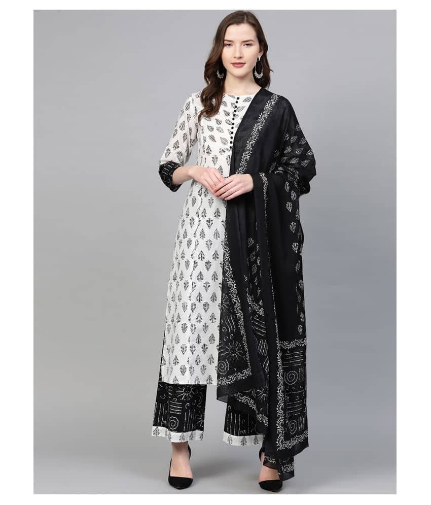 Yash Gallery Cotton Kurti With Palazzo Women's Stitched Salwar Suit - White ( )