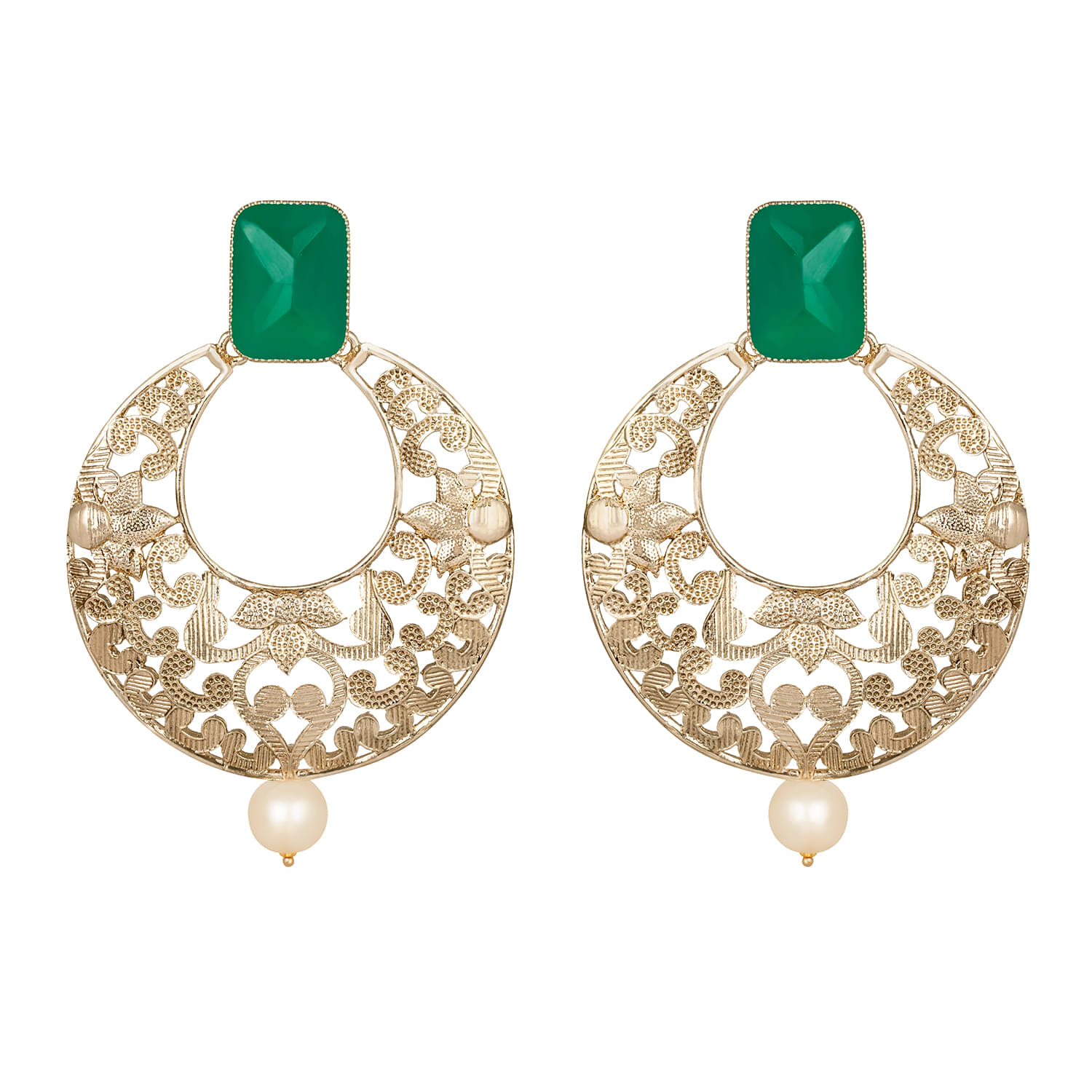     			Gold Plated Stone and Pearl Studded Drop & Dangler Earrings for Women and Girls
