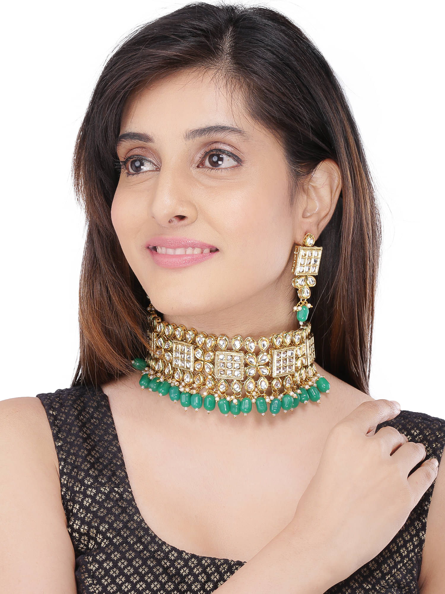     			Asmitta Jewellery Zinc Green Choker Traditional Gold Plated Necklaces Set