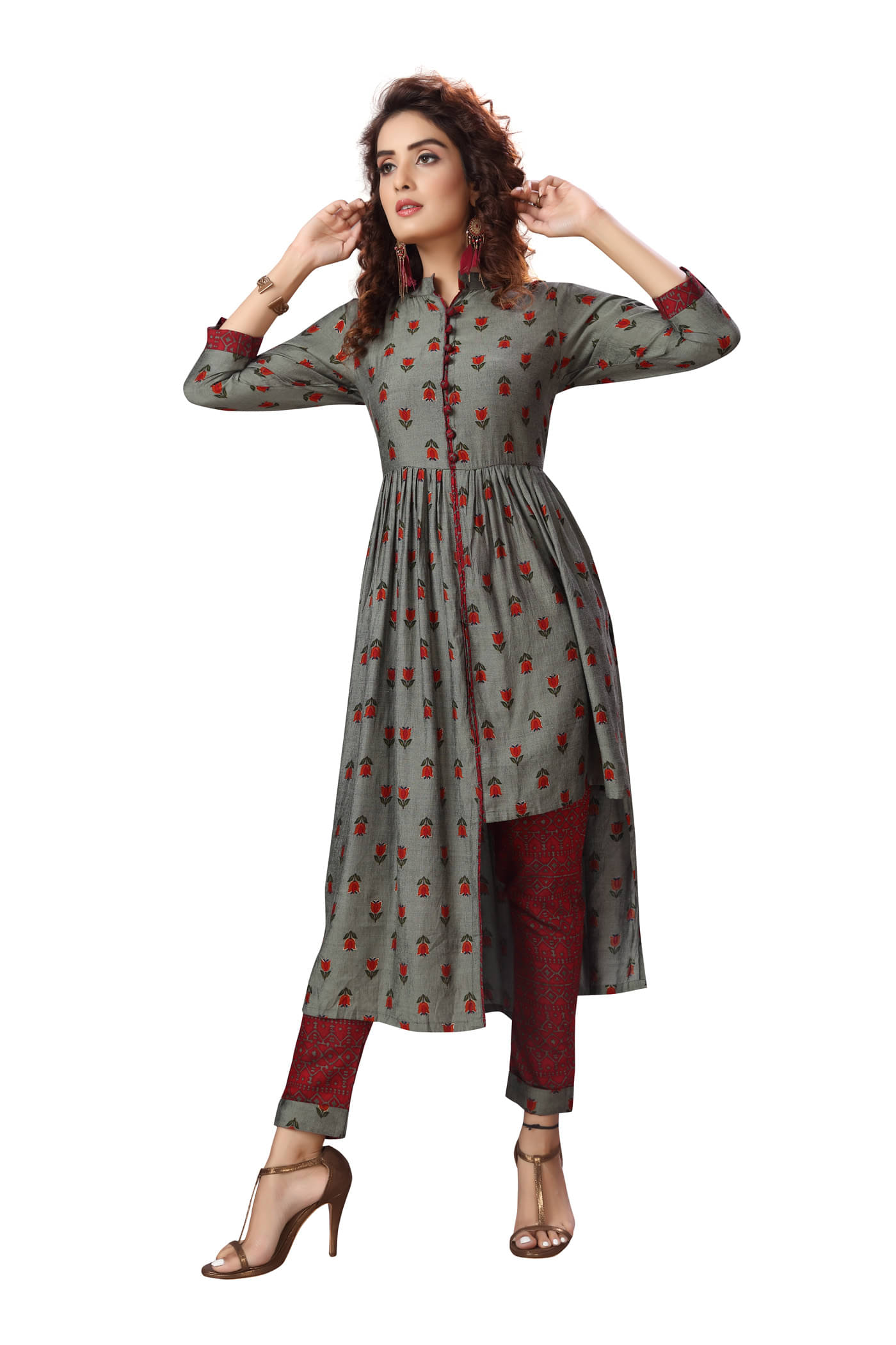     			Madhuram Textiles - Dark Grey Rayon Women's Tiered Flared Kurti ( Pack of 1 )