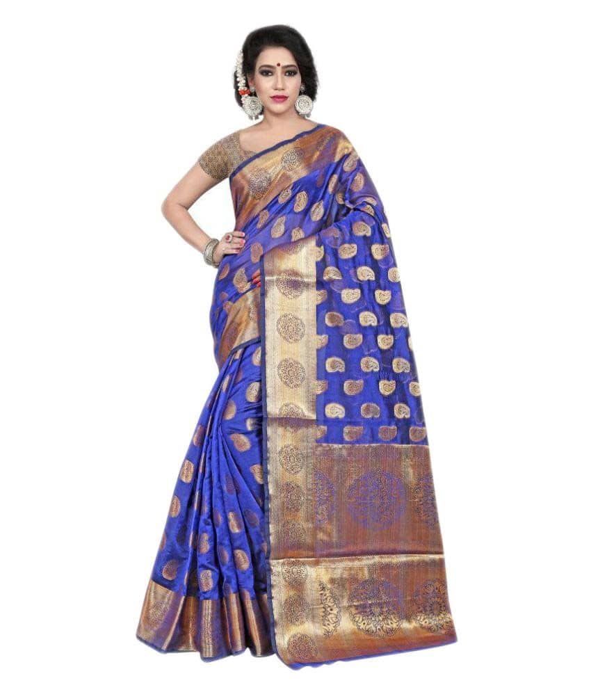 Gazal Fashions Cotton Blend Printed Saree With Unstitched Blouse Piece ( Blue ) - Sarees | Buy online on ZillyBuy