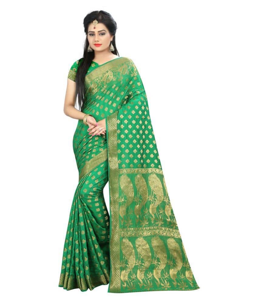 Gazal Fashions Silk Blend Printed Saree With Unstitched Blouse Piece ( Green ) - Sarees | Buy online on ZillyBuy
