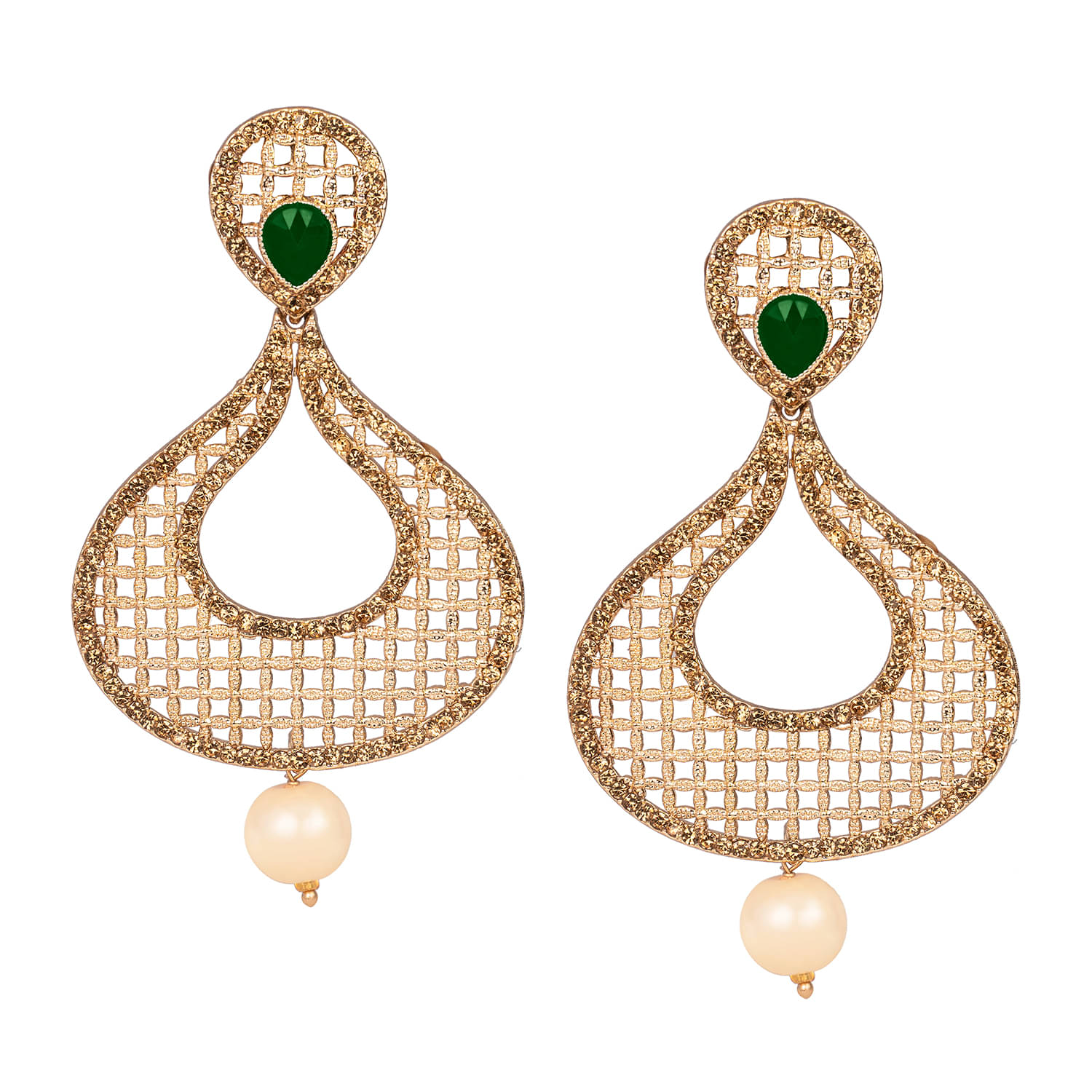     			Gold Plated Jali Pattern Color Stone and LCD Diamond Studded Drop & Dangler Earrings for Women and Girls
