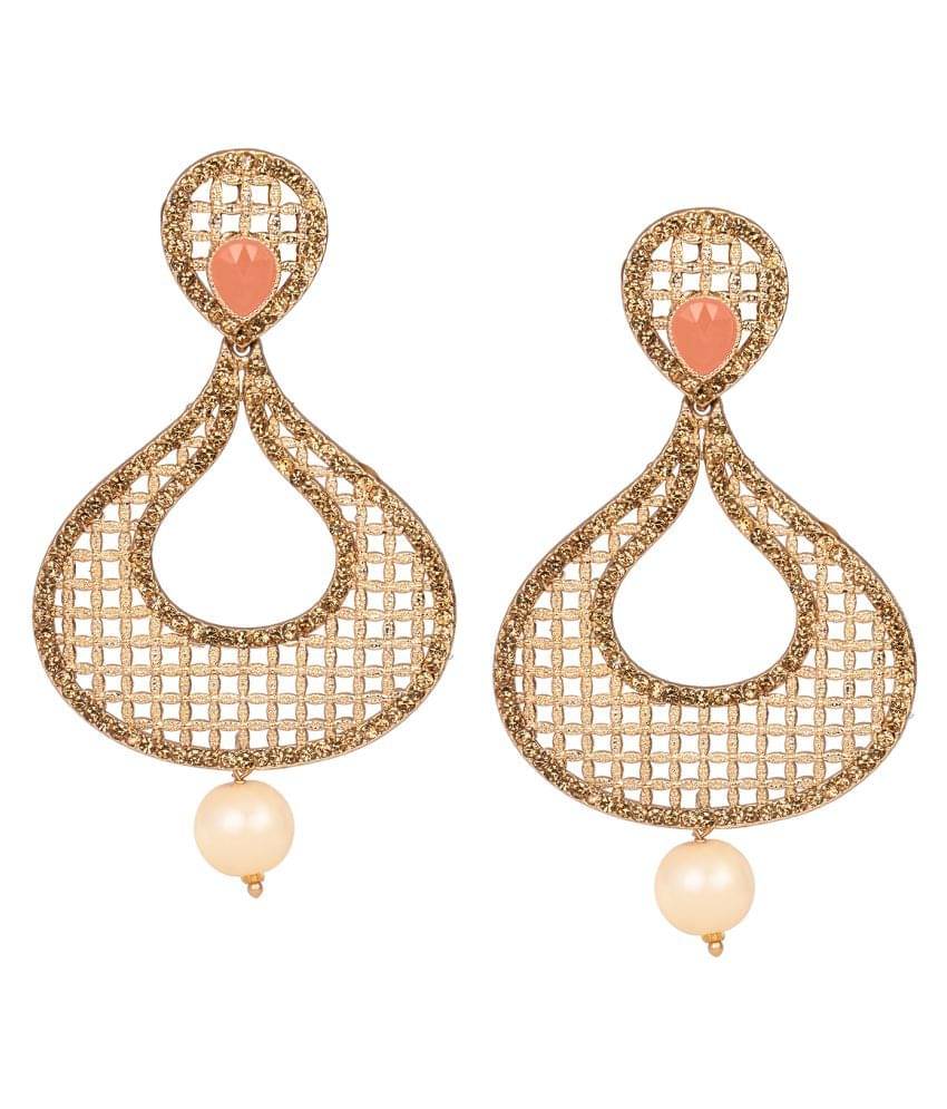     			Gold Plated Jali Pattern Color Stone and LCD Diamond Studded Drop & Dangler Earrings for Women and Girls