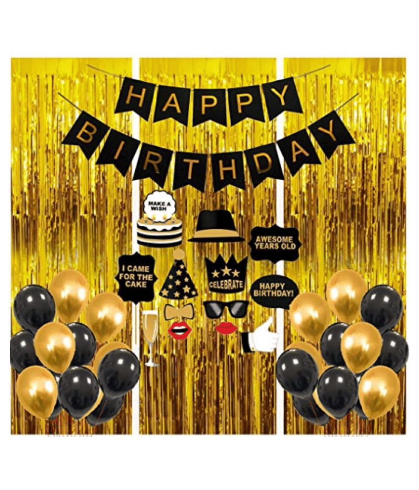     			Blooms Mall Interesting 65 pcs  Birthday Combo Happy Birthday Banner + Golden Fringe Curtain + Selfie props + Black,gold Metallic Balloon