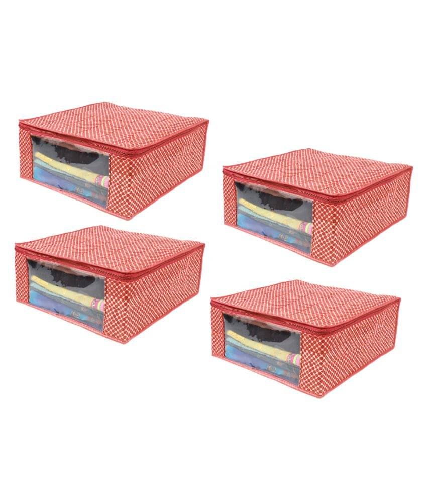     			PrettyKrafts Cotton Quilted Large Sari Cover Bag / wardrobe organizer with transparent window, Pack of 4, Red