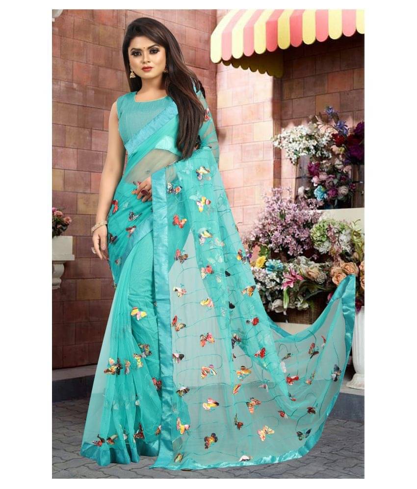 Gazal Fashions Net Embroidered Saree With Unstitched Blouse Piece ( Blue ) Gazal Fashions Net Embroidered Saree With Unstitched Blouse Piece ( Blue )