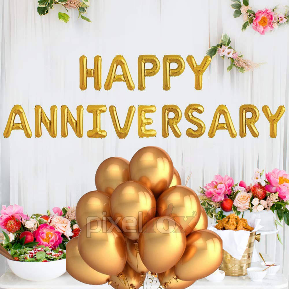     			Kiran Enterprises Happy Anniversary (16 Gold Foil Letters)  + 30 Metallic Balloons (Gold)