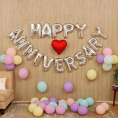     			Kiran Enterprises Happy Anniversary (16 Silver Foil Letters) + 1 Red Heart + 30 Candy Balloons Combo (Multi-color)