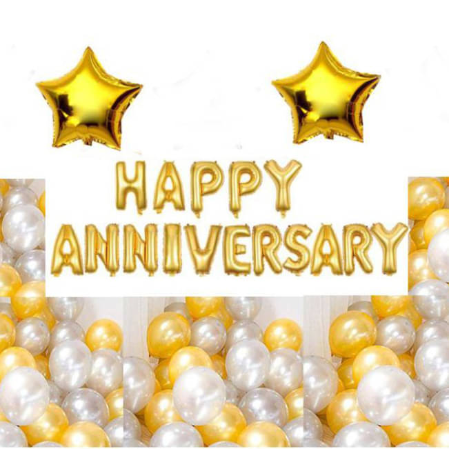     			Pixelfox Happy Anniversary (16 Gold Foil Letters) + 2 Gold Star (10 inch) + 30 Metallic Balloons Combo (Silver , Gold)