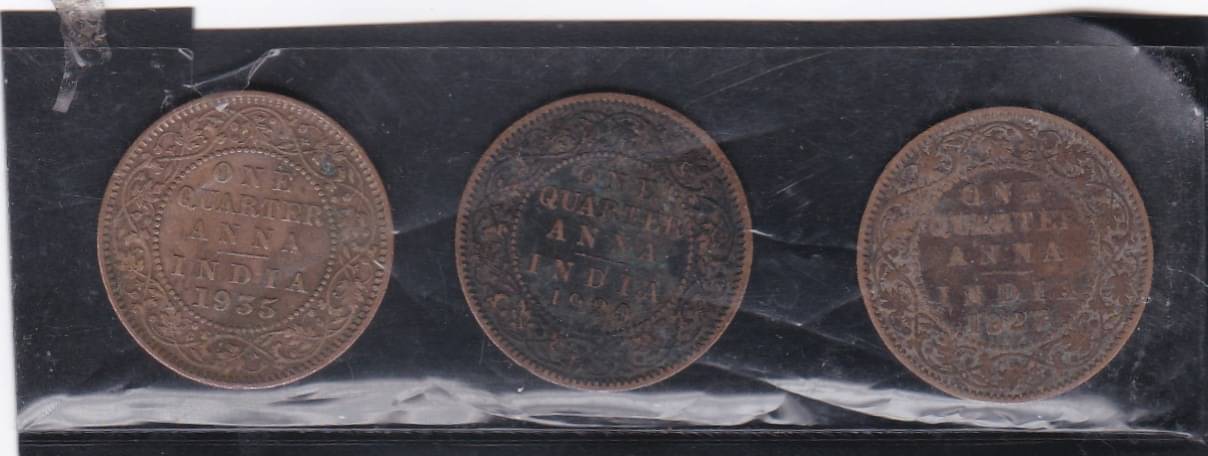     			3 PCS GEORGE V ONE QUARTER ANNA USED 1920-1927 AND 1935