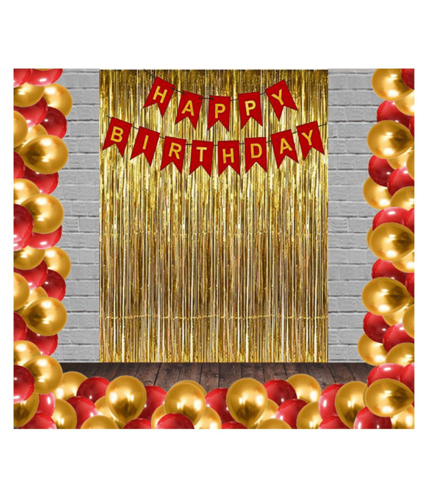     			Blooms Mall Standard 53 Pcs Combo Happy Birthday  Banner  + Golden Fringe Curtain  + Red and Golden Metallic Balloons
