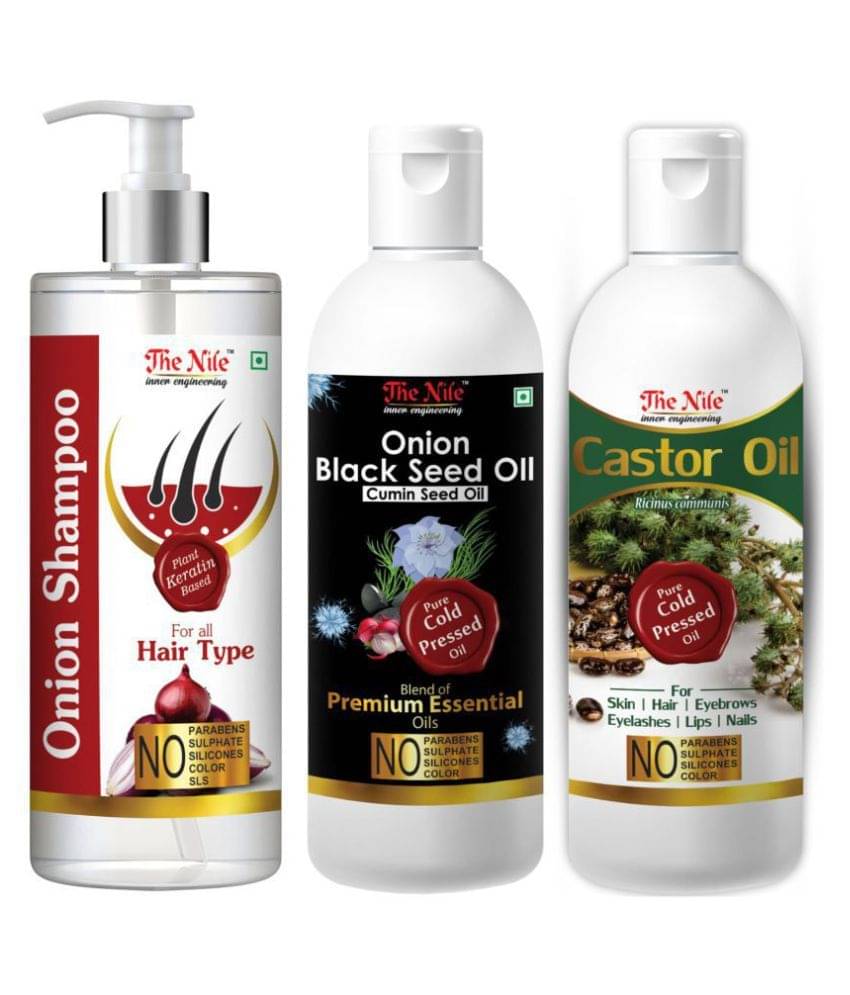 The Nile Red Onion Shampoo 200 ML + Onion Black Seed 100 ML + Castor Oil 100 ML Shampoo 400 mL Pack of 3 The Nile Red Onion Shampoo 200 ML + Onion Black Seed 100 ML + Castor Oil 100 ML Shampoo 400 mL Pack of 3