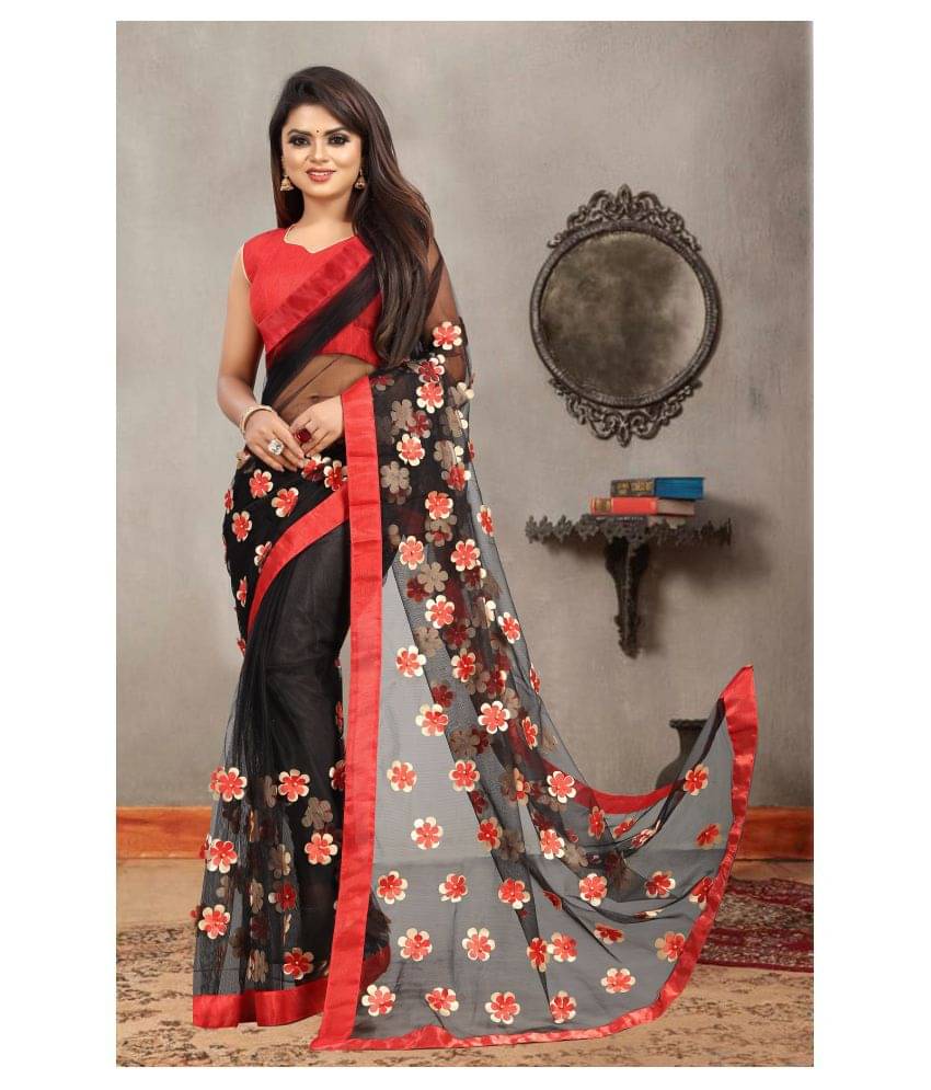 Gazal Fashions Net Applique Saree With Unstitched Blouse Piece ( Multicolor ) Gazal Fashions Net Applique Saree With Unstitched Blouse Piece ( Multicolor )