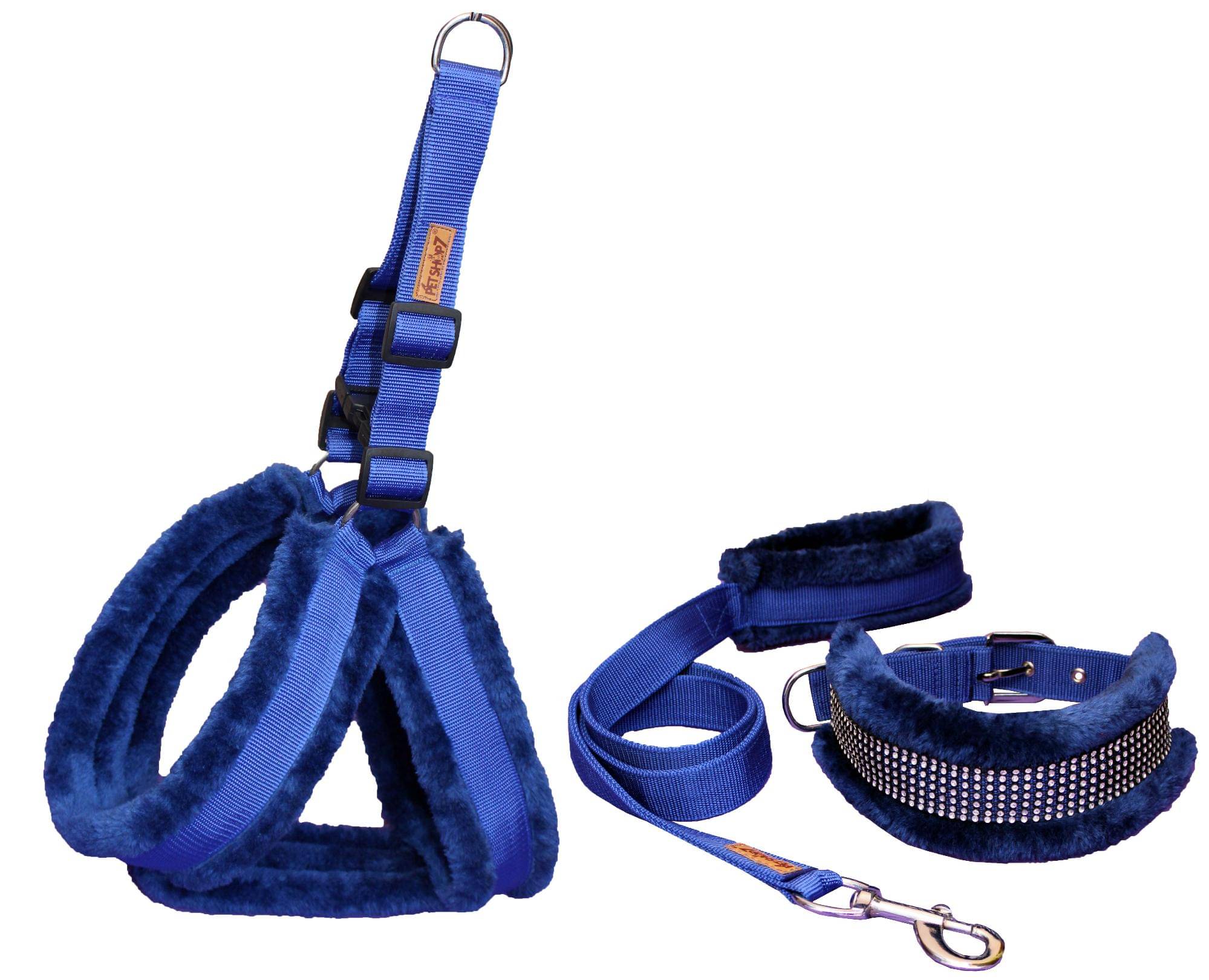Petshop7 Premium Qualtiy Fur Padded Nylon Dog Harness , Collar & Leash 1.25 inch -Large (Chest Size - 30-35inch)-Blue     			Petshop7 Premium Qualtiy Fur Padded Nylon Dog Harness , Collar & Leash 1.25 inch -Large (Chest Size - 30-35inch)-Blue