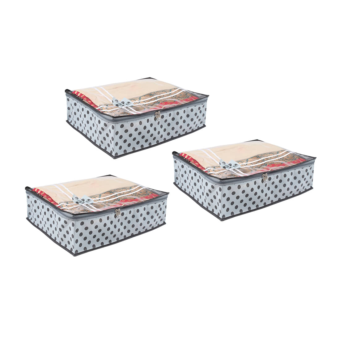     			PrettyKrafts sari cover bag combo with Transparent Top with Bow,Pack of 3, Grey Dots