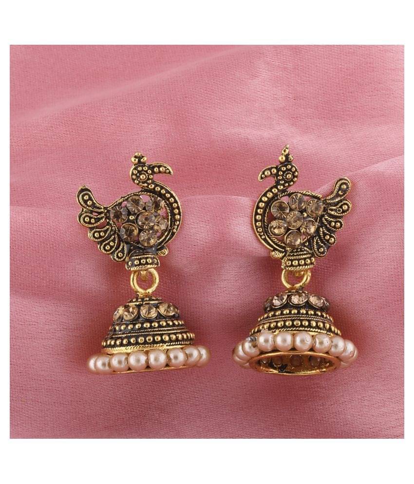 SILVER SHINE  Attractive Peacock Beige Diamond Beaded Jhumki Earrings for Women     			SILVER SHINE  Attractive Peacock Beige Diamond Beaded Jhumki Earrings for Women