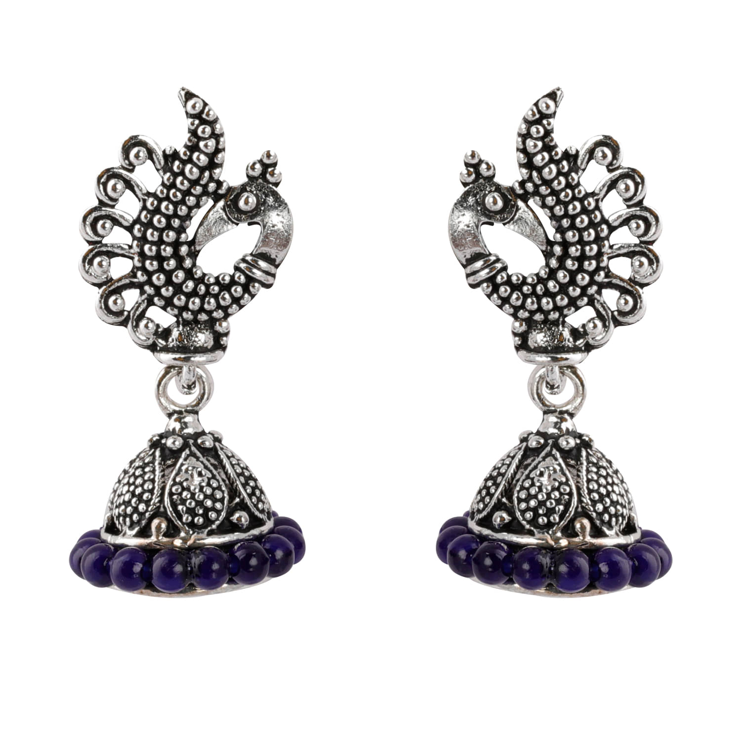     			SILVER SHINE  Classic Blue Beads in Peacock Shape Jhumki Earrings