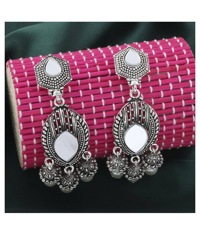     			SILVER SHINE  Classic Silver Geometric Pearl  Mirror Earrings
