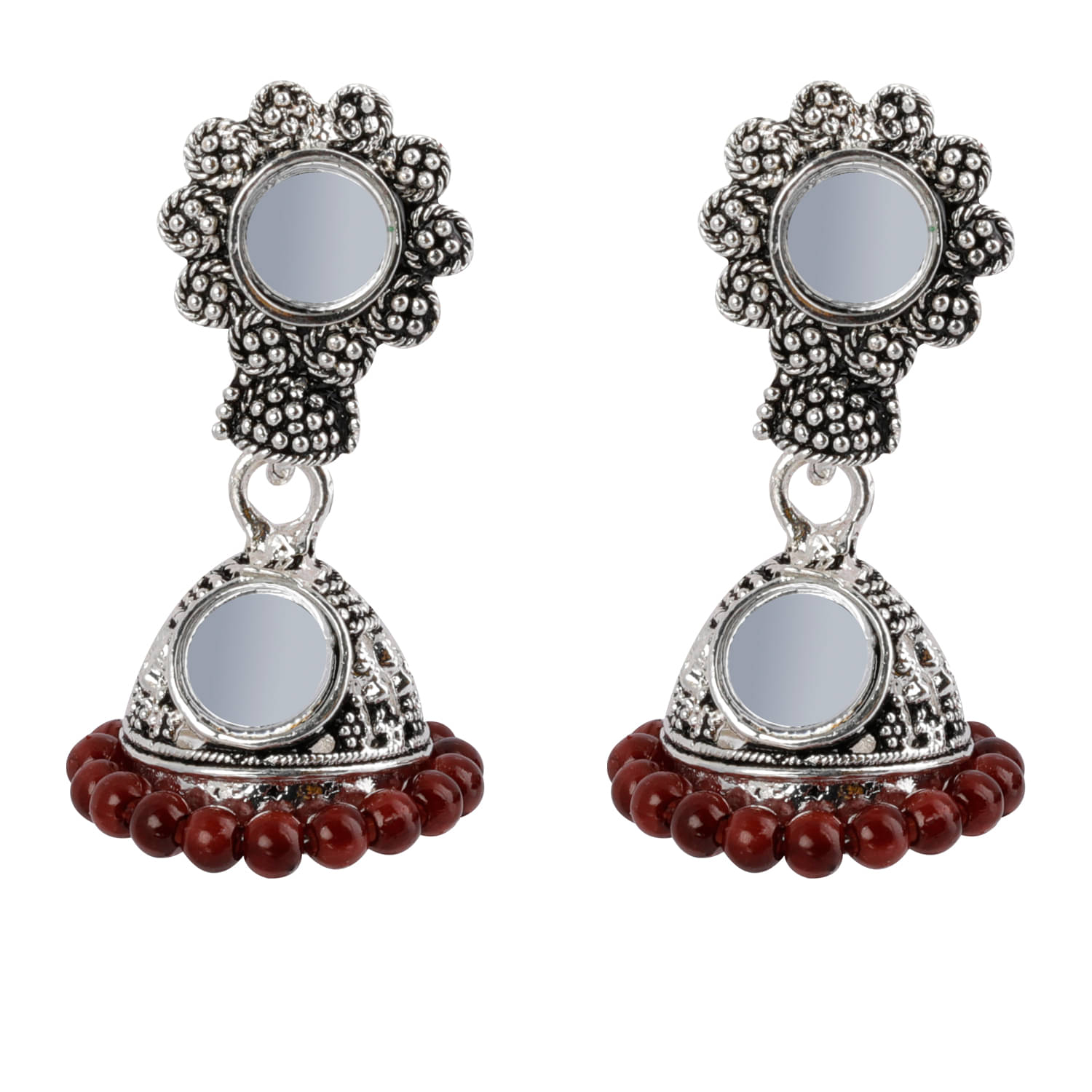     			SILVER SHINE  Facinating Maroon Mirror with Beads Jhumki Earrings