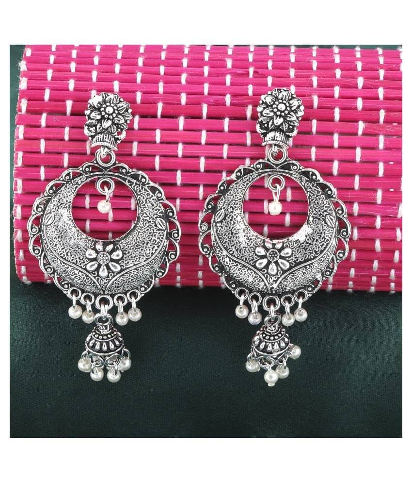     			SILVER SHINE  Graceful Silver Round  Dangle Jhumki Earrings