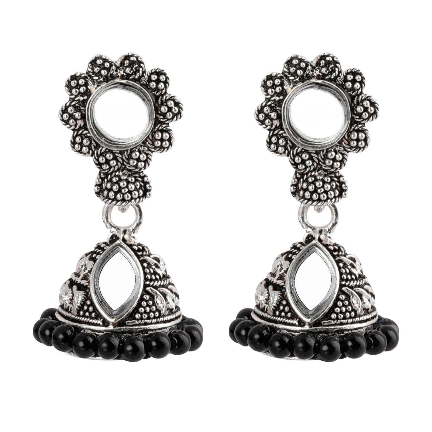     			SILVER SHINE  Pretty Black Mirror with Beads Jhumki Earrings