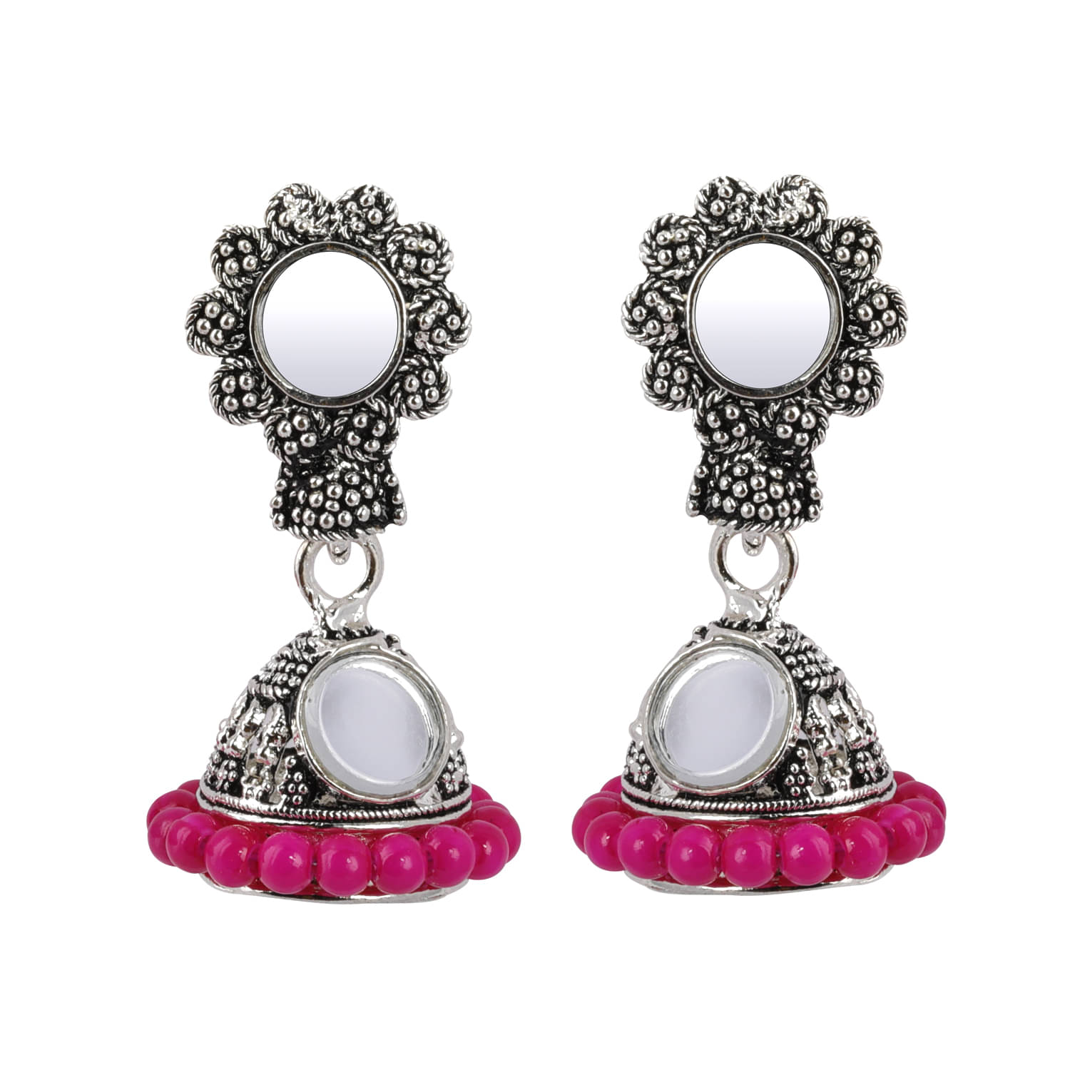     			SILVER SHINE  Shimmering Pink Mirror with Beads Jhumki Earrings