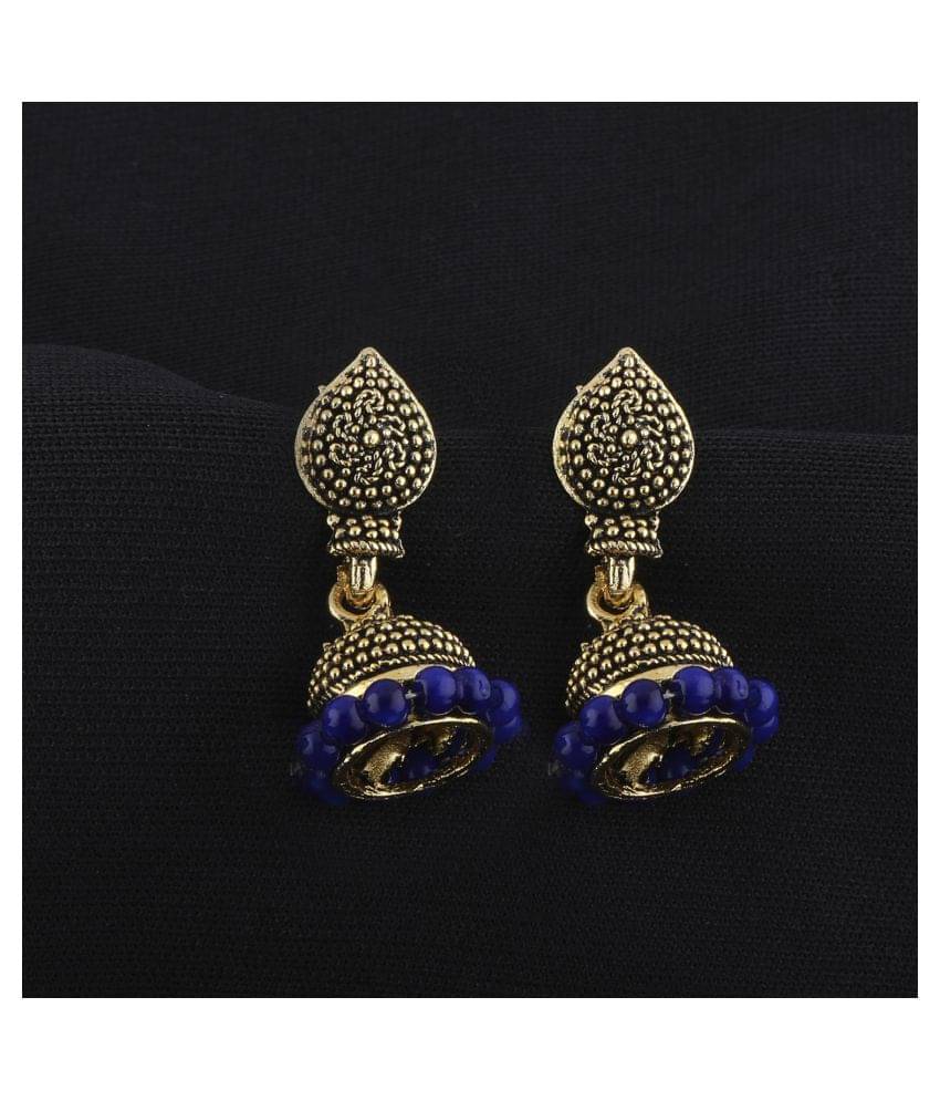     			SILVER SHINE  Stunning Blue Beads with Golden Dots  Jhumki Earrings