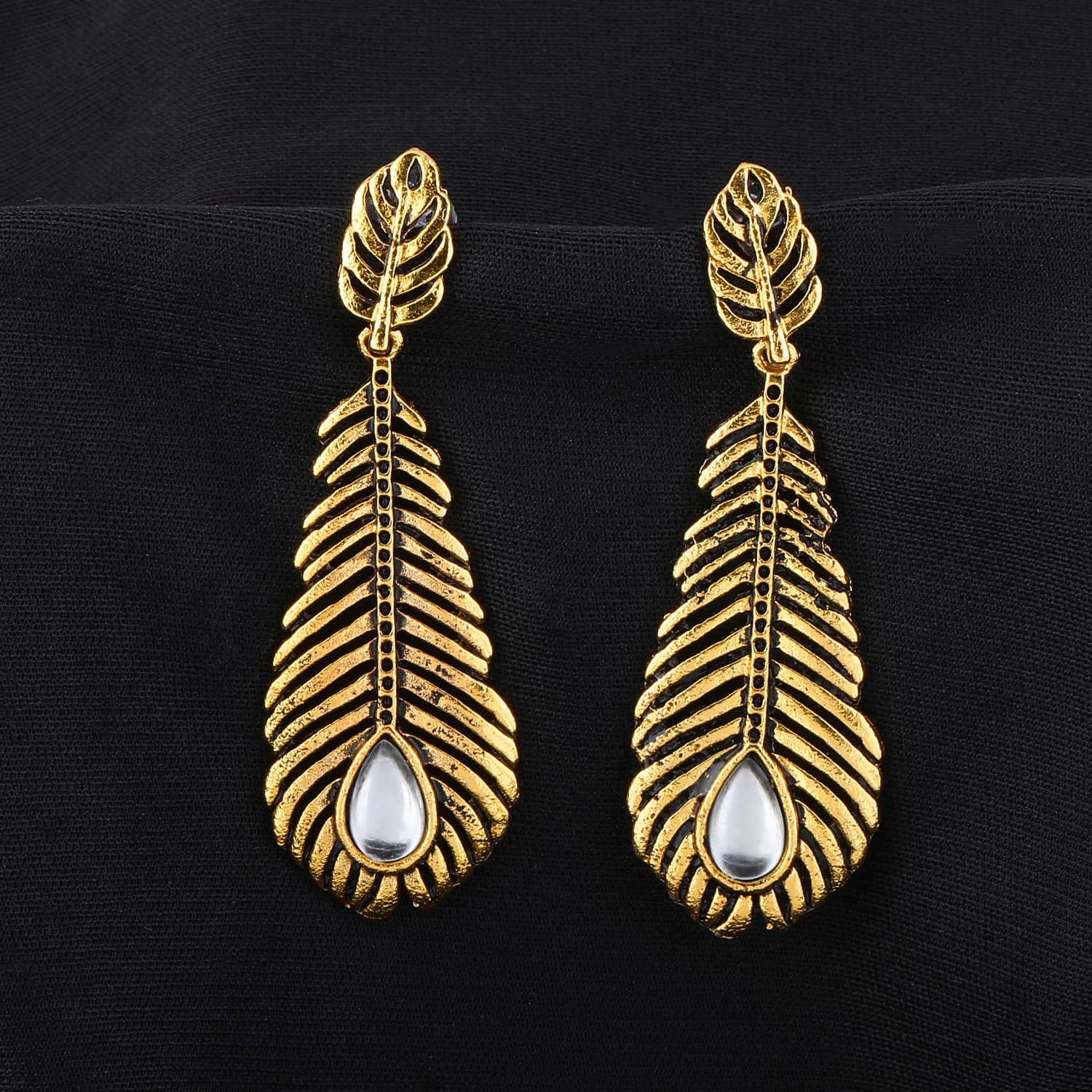 SILVER SHINE  Stunning Golden Peacock Feather White Diamond Earrings - Earrings | Buy online on ZillyBuy